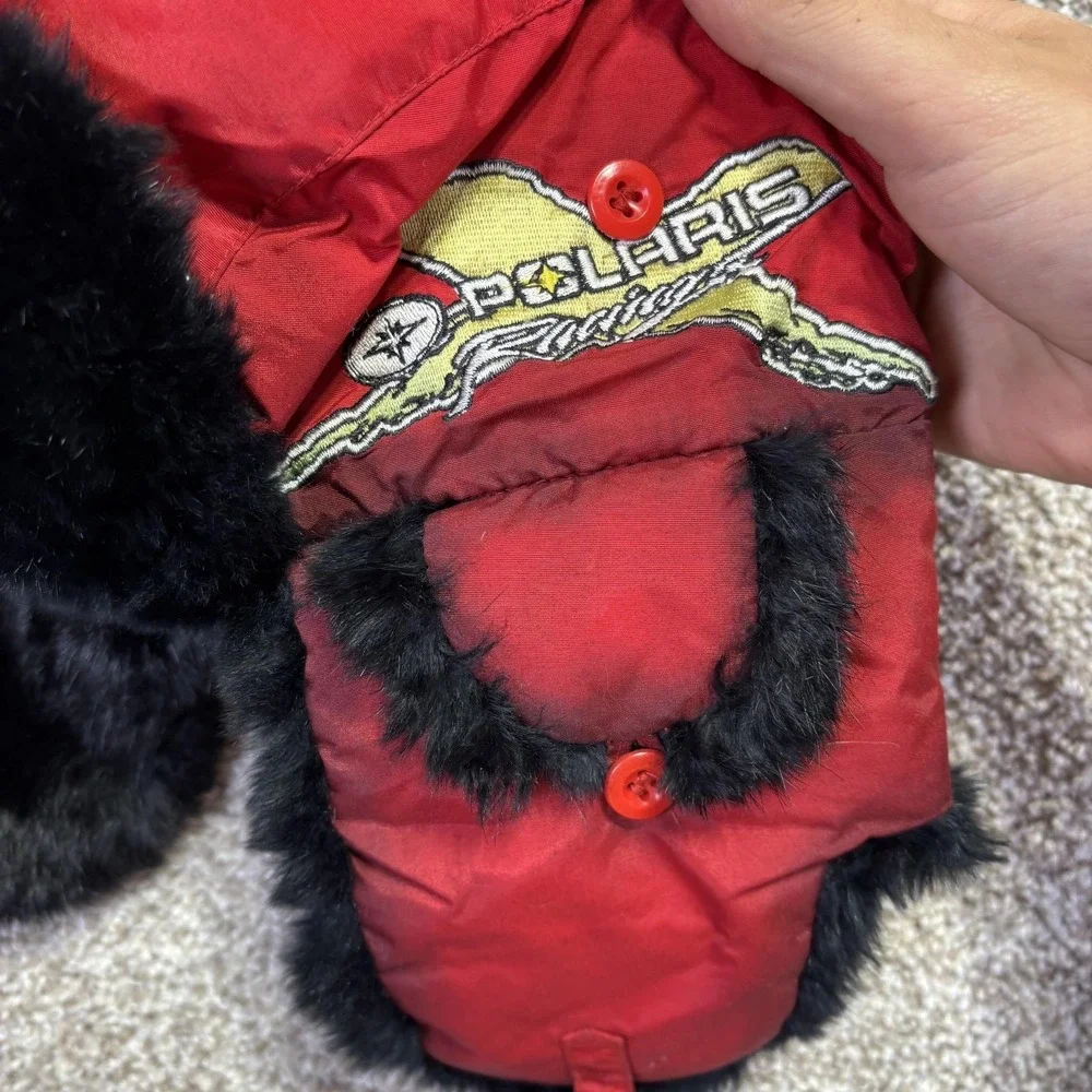 Polaris Trapper Hat‎ Mens XL Red Rabbit Fur Lined Nylon Snowmobile Ski Winter